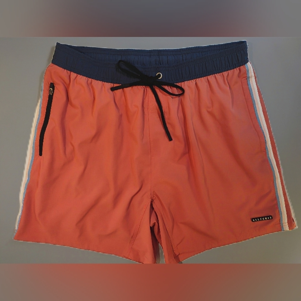 All Fenix Men’s Large Swim Trunks Coral Orange Blue Trim Athletic Microfiber Sho
